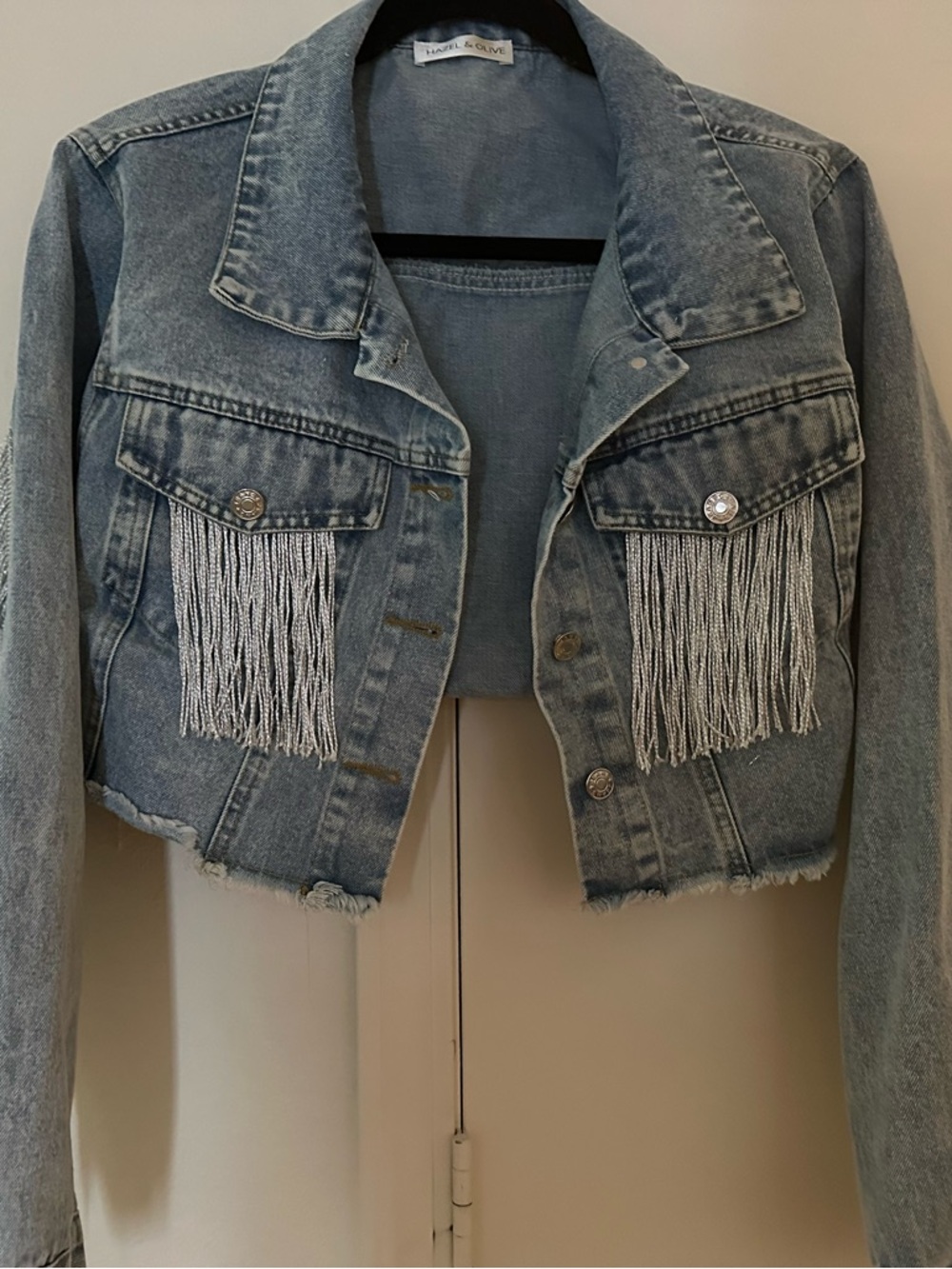 LAUREL & CLIVE Light Blue Cropped Denim Jacket with Silver Fringe
